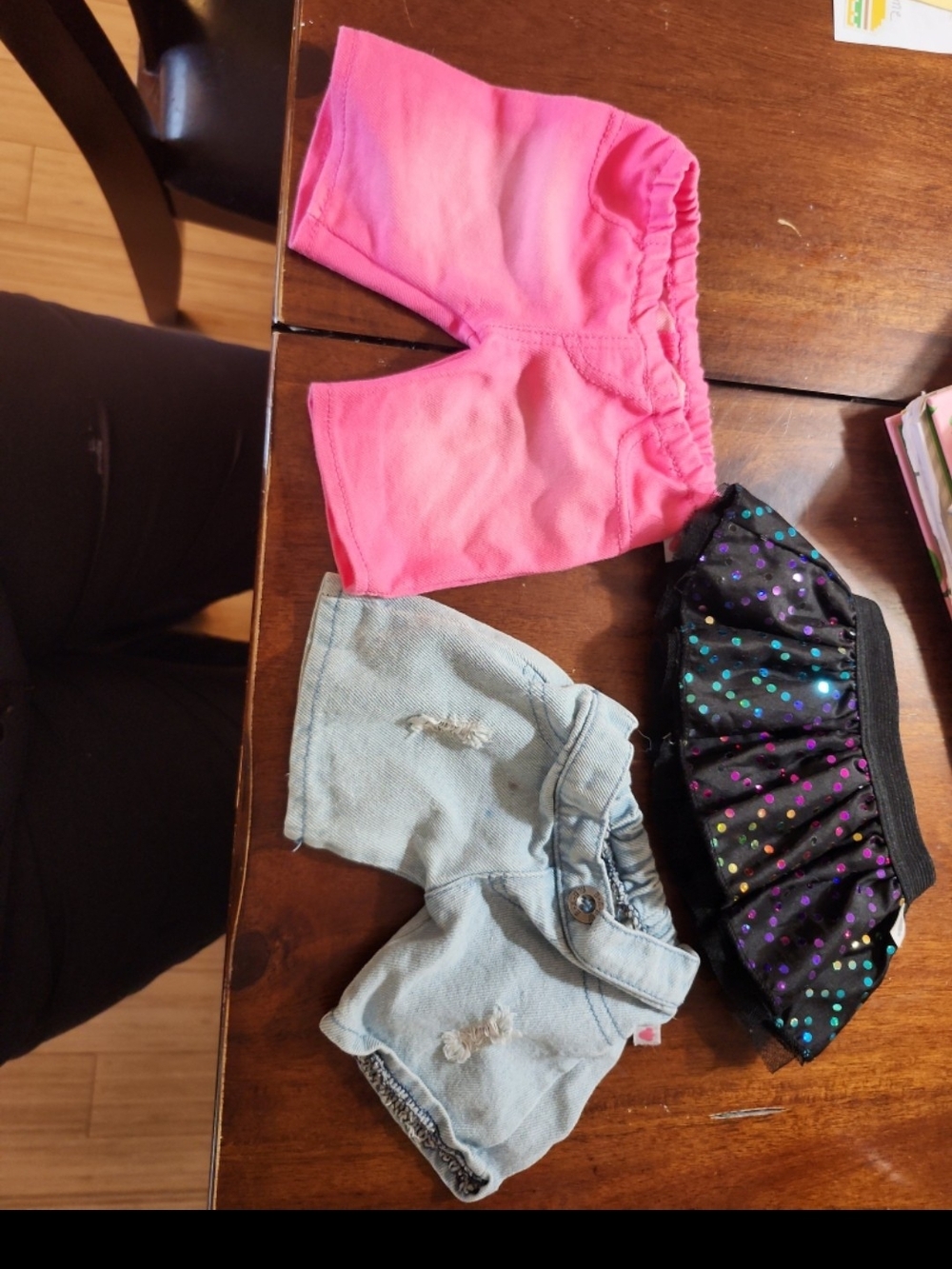 Build a bear skirt and shorts lot denim shorts pink shorts multicolor skirt.